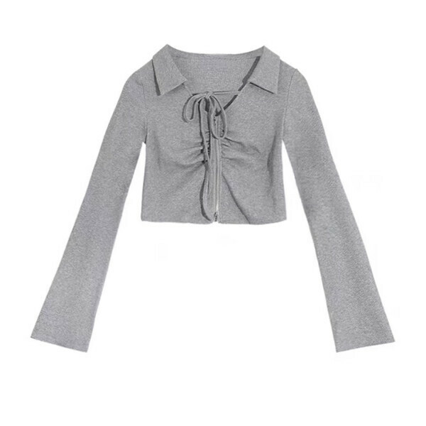 Hot recommended solid color lace-up pleated shirt (grey) (S/M/L size, please contact customer service after placing the order for delivery size)