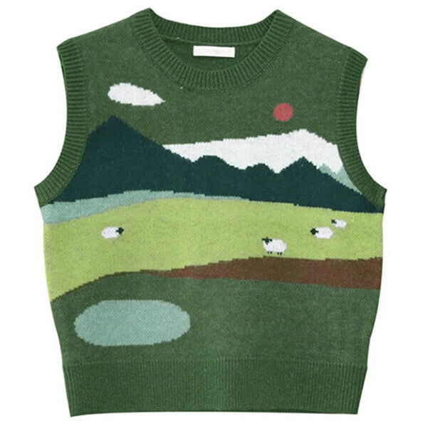 Hot recommended green lamb jacquard knitted vest (green) (S/M/L size, please contact customer service after placing the order for delivery size)