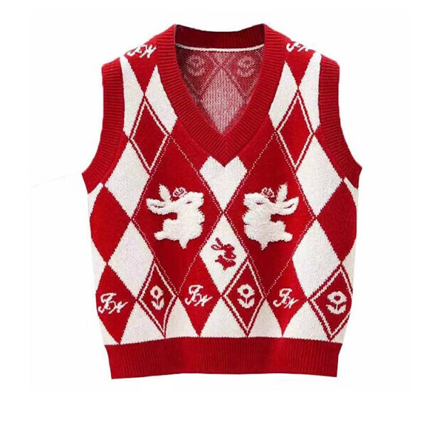 Hot-recommended rhombus rabbit knitted vest (red) (S/M/L size, please contact customer service after placing the order for delivery size)