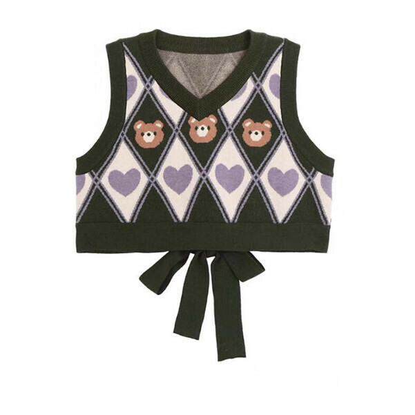 Hotly recommended rhombus bear knitted vest (retro green) (S/M/L size, please contact customer service after placing the order for delivery size)