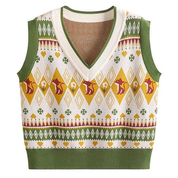 Hot recommended rhombus cartoon jacquard knitted vest (green apricot) (S/M/L size, please contact customer service after placing the order for delivery size)