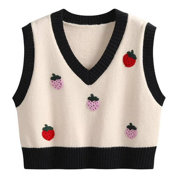 Hot recommended strawberry embroidered V-neck knitted vest (apricot color) (S/M/L size, please contact customer service after placing the order for delivery size)