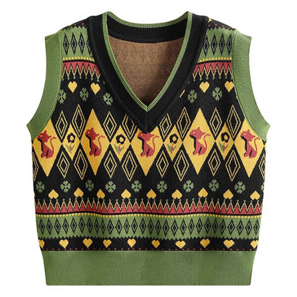 Hot recommended rhombus cartoon jacquard knitted vest (green and black) (S/M/L size, please contact customer service after placing the order for delivery size)