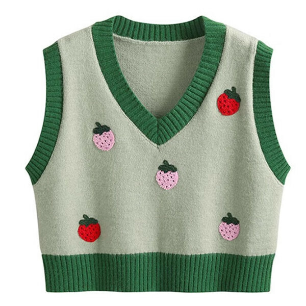 Hot recommended strawberry embroidered V-neck knitted vest (green) (S/M/L size, please contact customer service after placing the order for delivery size)
