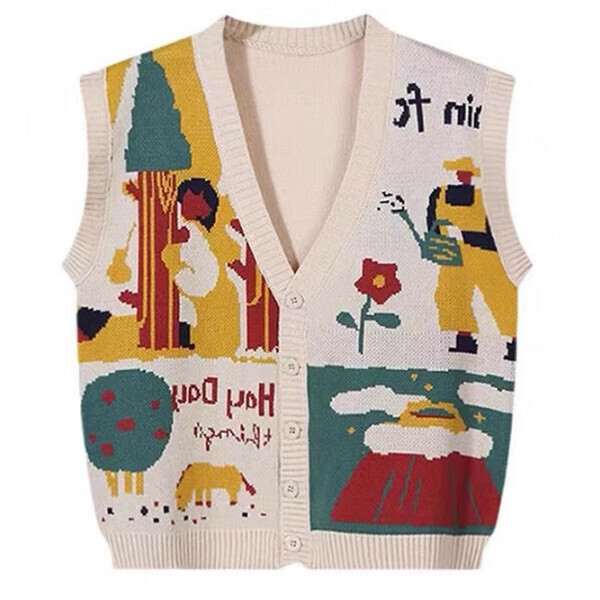 Hot recommended cartoon jacquard knitted vest (apricot color) (S/M/L size, please contact customer service after placing the order for delivery size)