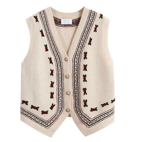 Hotly recommended flower embroidered knitted vest (off-white) (S/M/L size, please contact customer service after placing the order for delivery size)