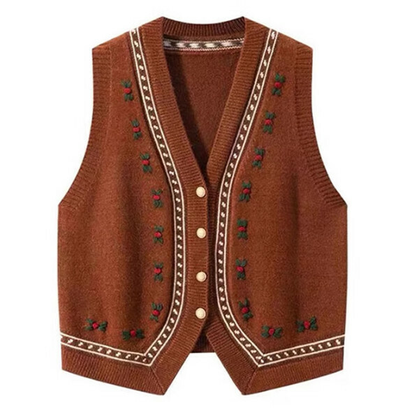 Hotly recommended flower embroidered knitted vest (caramel color) (S/M/L size, please contact customer service after placing the order for delivery size)