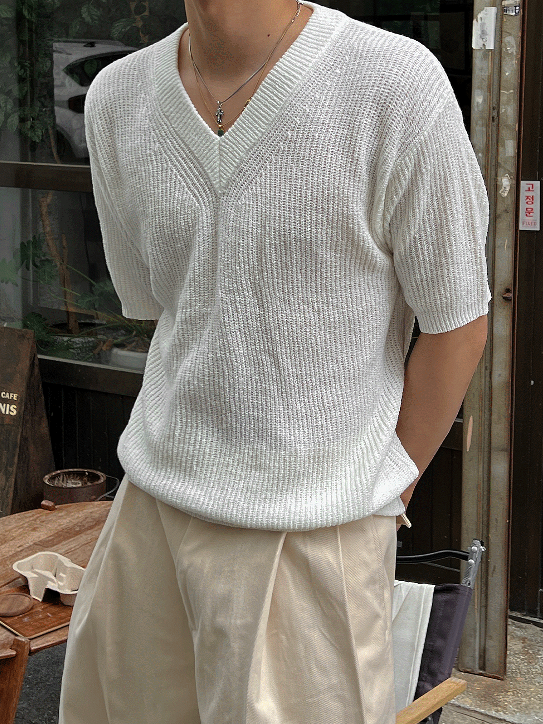 (韓國獨家特價)May V領編織短袖針織衫