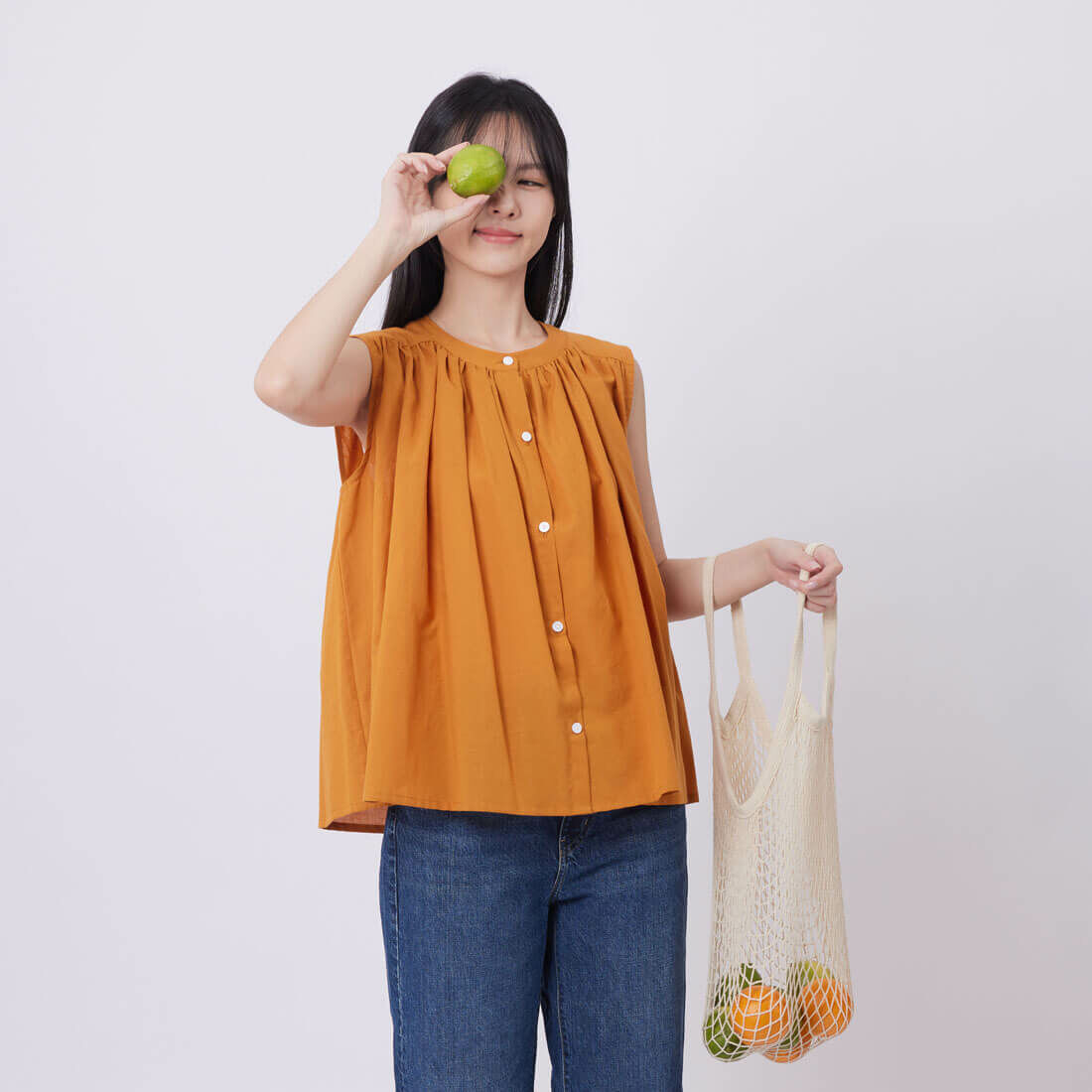 Connie無袖棉麻細褶襯衫上衣/蜜柑橘