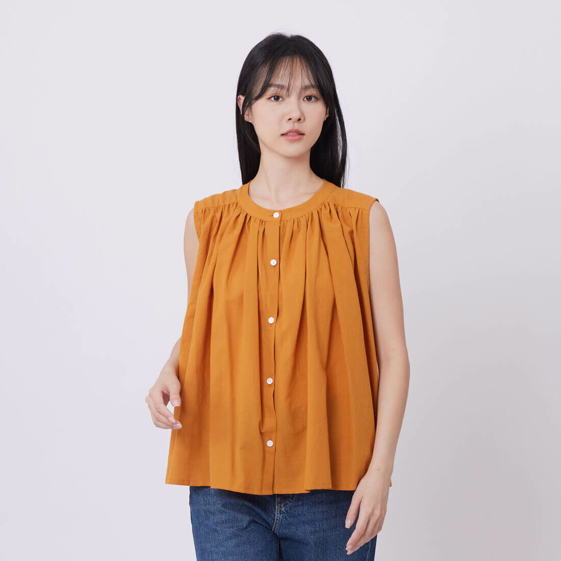 Connie無袖棉麻細褶襯衫上衣/蜜柑橘