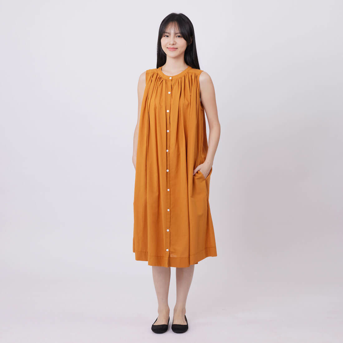 Birdie無袖長版襯衫棉麻洋裝/蜜柑橘