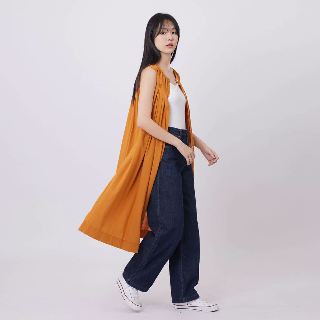 Birdie無袖長版襯衫棉麻洋裝/蜜柑橘