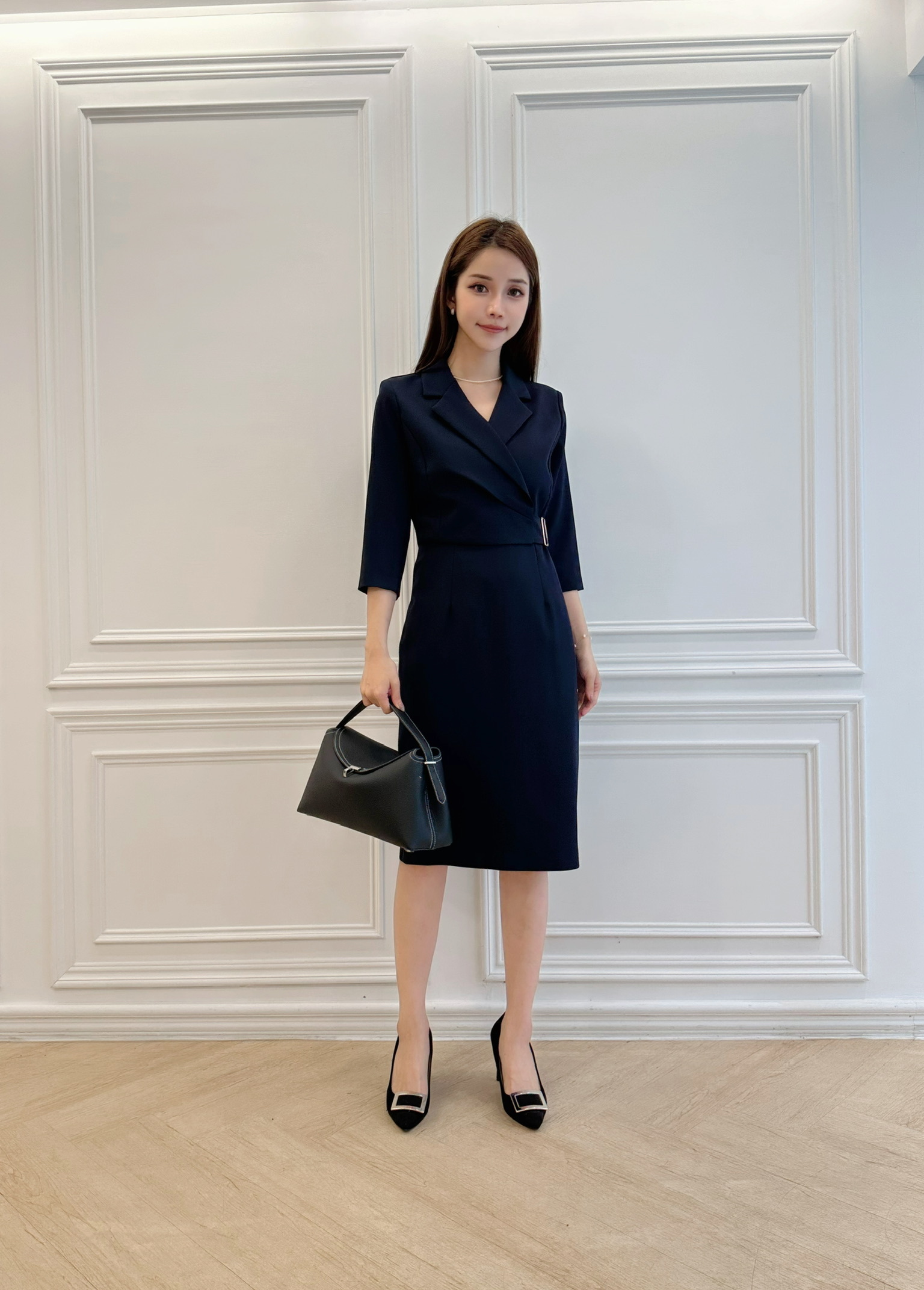 翻領側釦環腰身洋裝