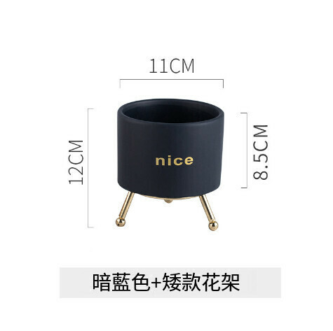 NICE wrought iron succulent ceramic flower pot [dark blue + low flower stand with holes]