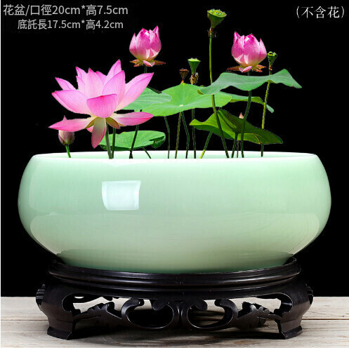Ceramic flower pot [large green celadon hydroponic pot with base]