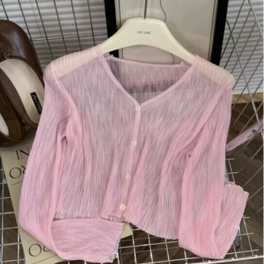 V-neck ice silk knit cardigan small jacket (pink) [one size]