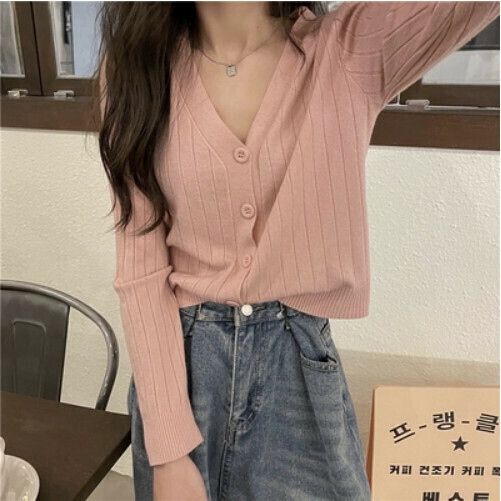 Loose Slim V-Neck Cardigan Long Sleeve Knit (Pink) (Size: One Size)