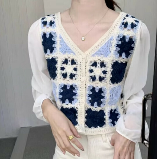 Knitted Shirt Thick Hook Cutout Puff Sleeve Cardigan (Blue) (One Size)