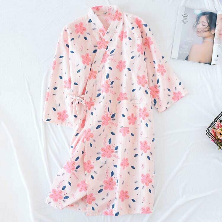 熱賣日式櫻花✿棉質和服浴袍睡衣【粉底葉子粉花紗布袍L碼】