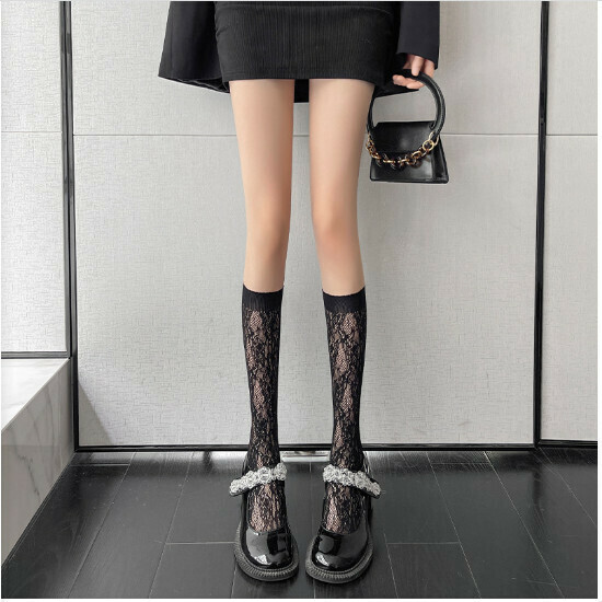 Lace calf stockings women's stockings (306 flower vine black calf socks)