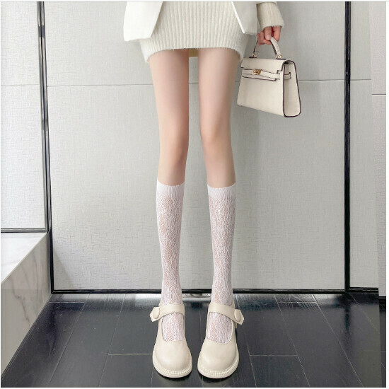 Lace Calf Stockings Women's Stockings (306 Flower Vine White Calf Socks)