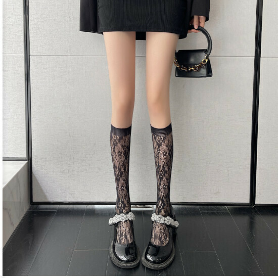 Lace Calf Stockings Women's Stockings (307 Rose Black Calf Socks)