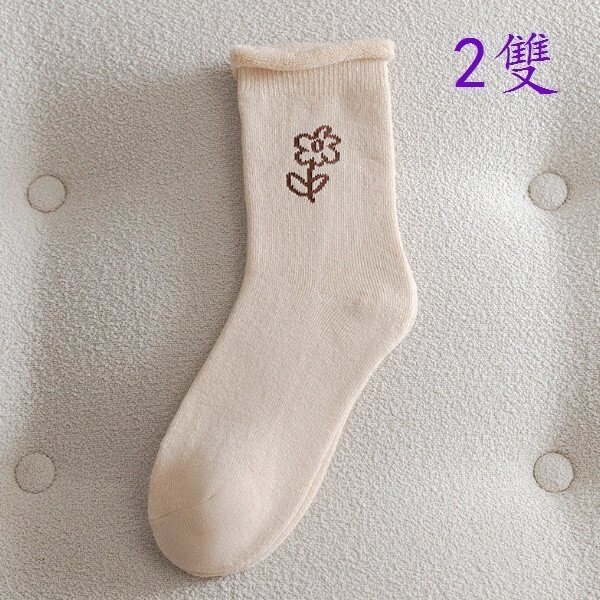 爆款（2雙）冬季加絨保暖中筒月子襪(小花米色)