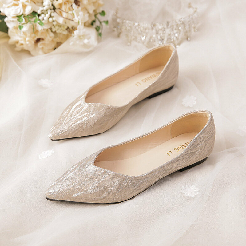熱推尖頭平底單鞋女新娘銀色婚紗禮服伴娘結婚鞋 【香檳色-36碼】