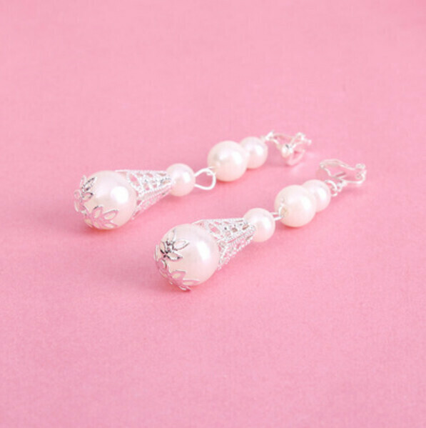Fringed Women's Pearl Earrings (White-Ear Clip)