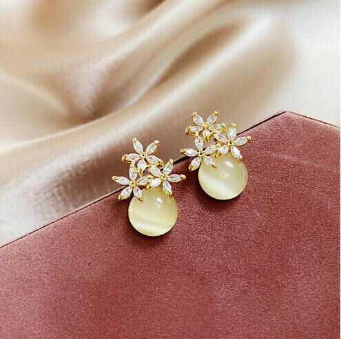 925 Silver Needle Opal Earrings [2# Silver Needle Golden Flower]