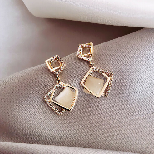 925 Silver Needle Opal Earrings [1# Silver Needle Gold Square]