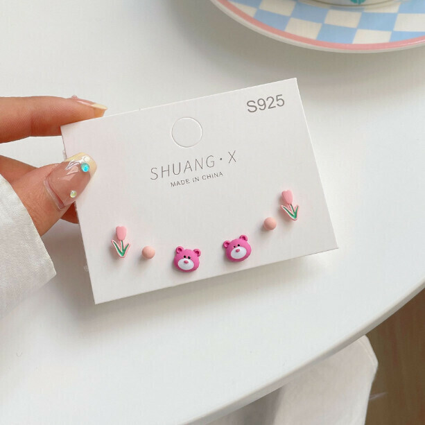 S925 Silver Pin Bear Set Stud Earrings (CY01 Pink Bear Big Head【Three Pairs】)