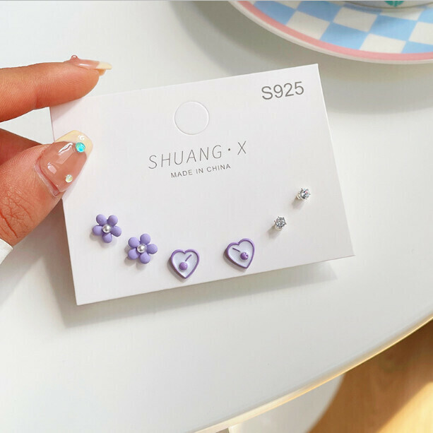 S925 Silver Pin Bear Set Stud Earrings (CY08 Purple Cherry [Three Pairs])