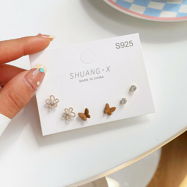 S925 Silver Pin Bear Set Stud Earrings (CY09 Brown Butterfly [Three Pairs])