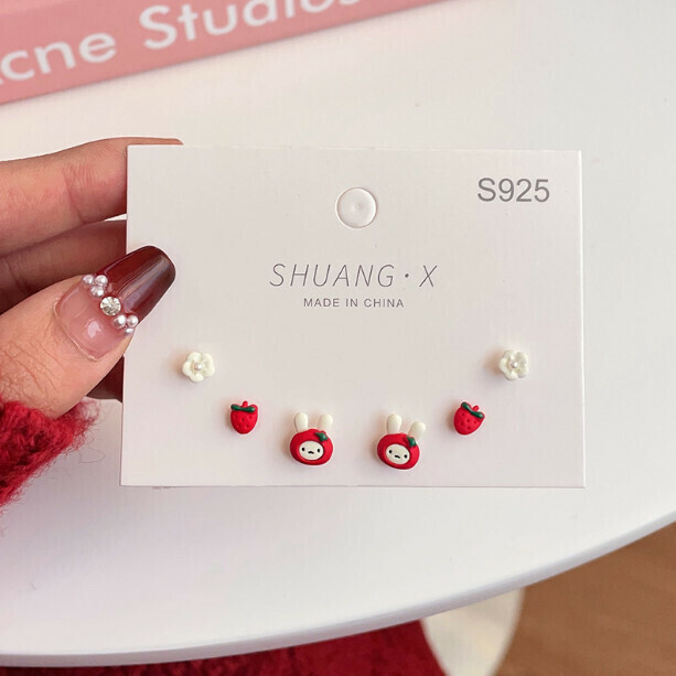Silver Pin Sweet Fresh Cartoon Stud Earrings (MCM1 Red Strawberry Bunny)