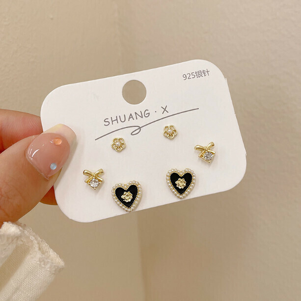 Silver Pin Classic Small Stud Earrings Set (HL1 Love Pearls [3 Pairs])