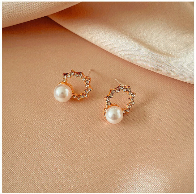 Fashion Pop Earrings (89# Ring Rhinestone Pearl Earrings - Silver Needle)