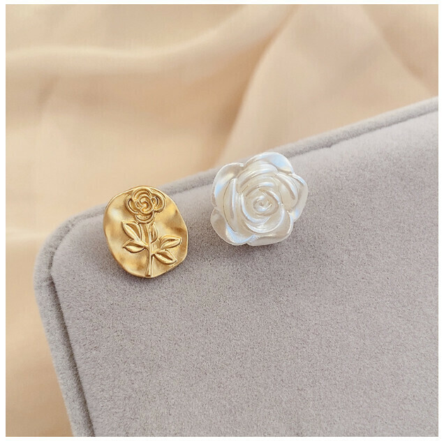 Fashion Pop Earrings (95# Yajin Asymmetrical Rose-Silver Needle)