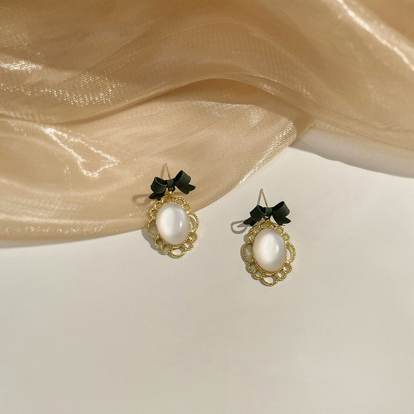 Fashion Pop Earrings [74# Oval Cat Eye Bow Earrings - Silver Needle]