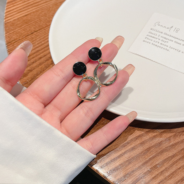 Fashion Pop Earrings [29# Black Dripping Oil Circle Earrings - Gold Silver Needle]
