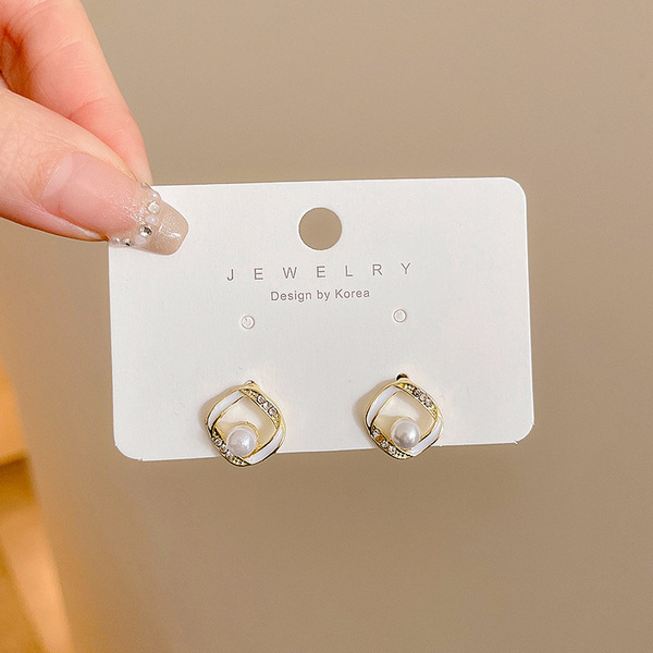 Fashion Pop Earrings [96# Hollow Square Pearl - Silver Needle]