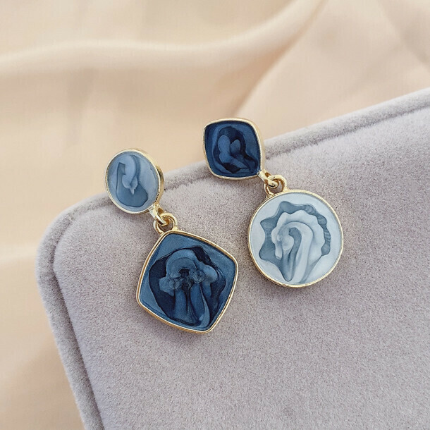 925 Silver Pin Fashion Earrings (119# Asymmetrical Round Square Earrings - Silver Pin Gold)