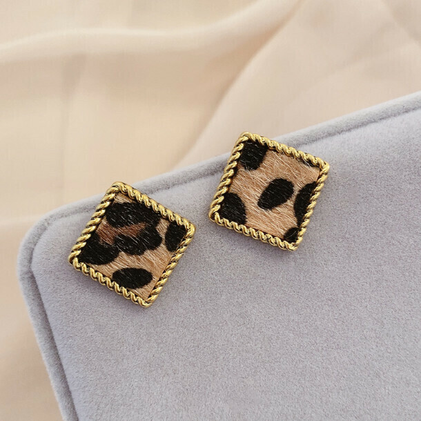 925 Silver Pin Fashion Earrings (120# Square Leopard Print Stud Earrings - Gold Silver Pin)