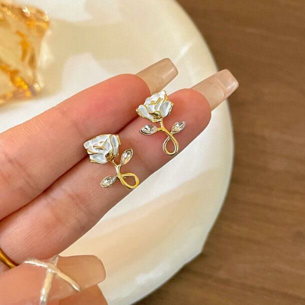 925 Silver Pin Fashion Earrings (154# White Rose Earrings - Silver Pin Gold)