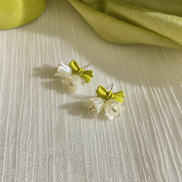 French Fashion Earrings Stud Earrings Earrings Earrings (1# Bow Chime Flower Stud Earrings-Green-Silver Pin)