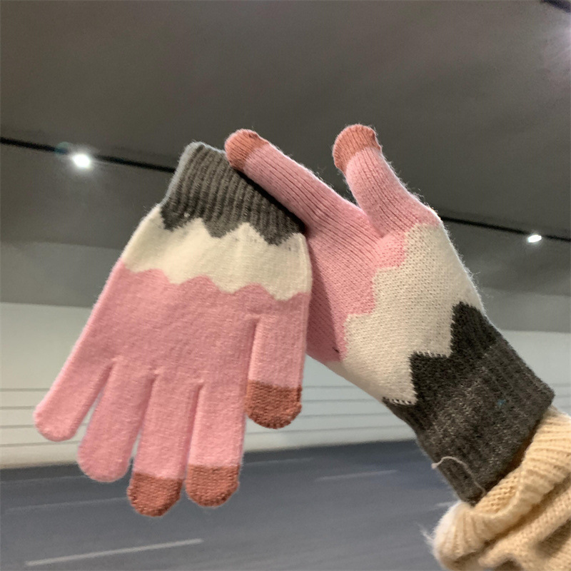 Woolen knitted warm touchscreen gloves (one size pink)