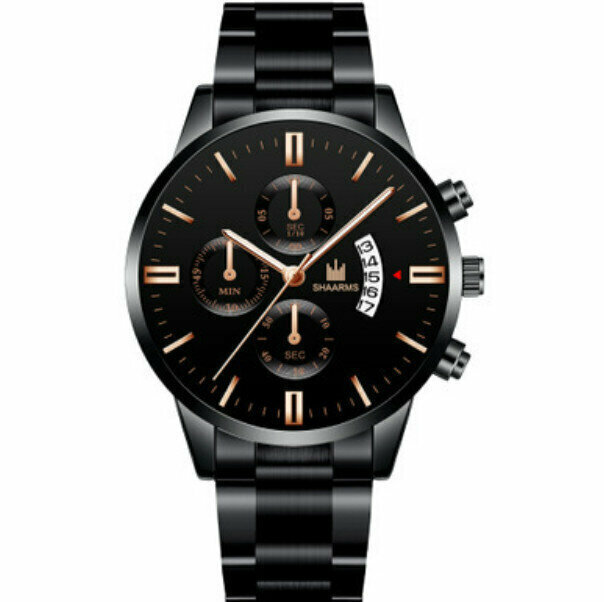 Men's calendar steel band quartz watch [black band black shell black face rose needle] (slight flaws, mind not shooting)