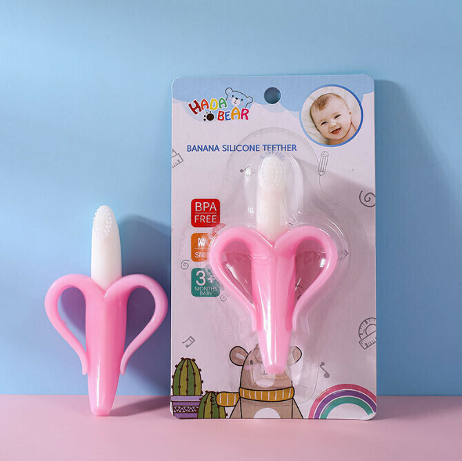 Baby Safety Silicone Teether Training Soft Head Toothbrush Baby Learning Toothbrush (Pink)