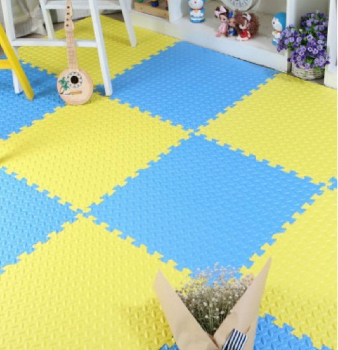 【4 Small Pieces】Children's Play Mat Safety Anti-collision Sponge Carpet (4 pieces x 29.5x29.5x1cm) (blue)