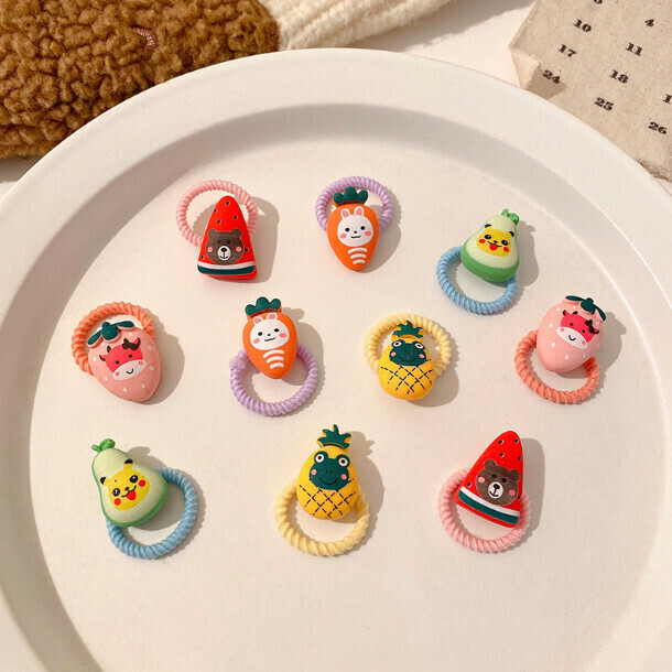 Cartoon children's leather band, thumb hair ring, head rope hair ornament (1# cartoon fruit and vegetable 10-piece set)